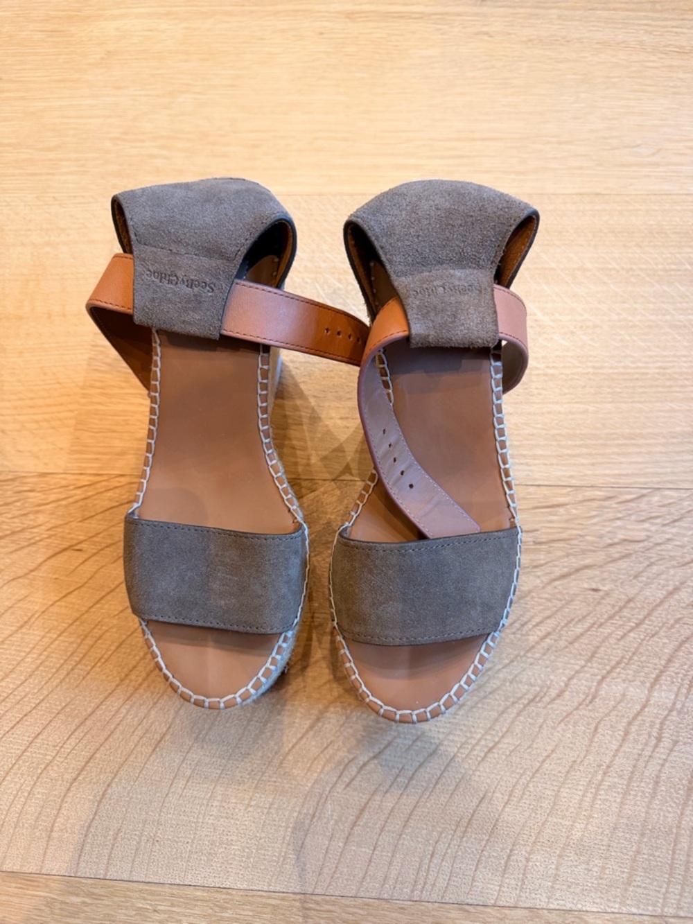 See By Chloe Suede Two-Tone Strap Wedge Sandals - Olive Taupe (Sz 37)